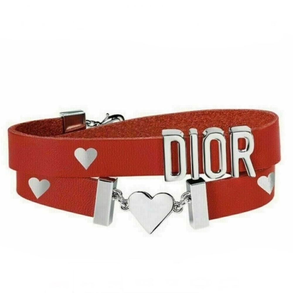 DIOR BRACELET Heart Double Wrap Calfskin Leather Red & Silver NEW in BOX
